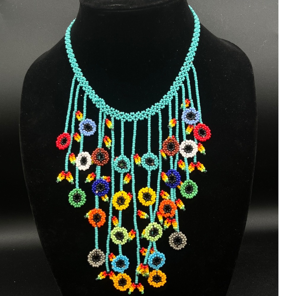 Huichol (Wixárika) style Beaded floral necklace Mexican artistry